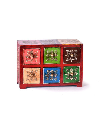 Dřevěná skříňka s 6 šuplíky, ručně malovaná, červená, 25x10x18cm