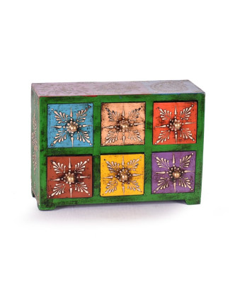 Dřevěná skříňka s 6 šuplíky, ručně malovaná, zelená, 25x10x18cm