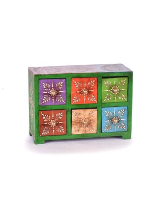 Dřevěná skříňka s 6 šuplíky, ručně malovaná, zelená, 25x10x18cm