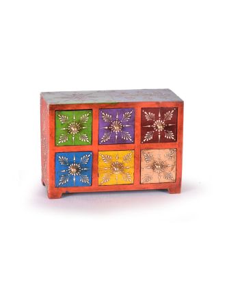 Dřevěná skříňka s 6 šuplíky, ručně malovaná, oranžová, 25x10x18cm