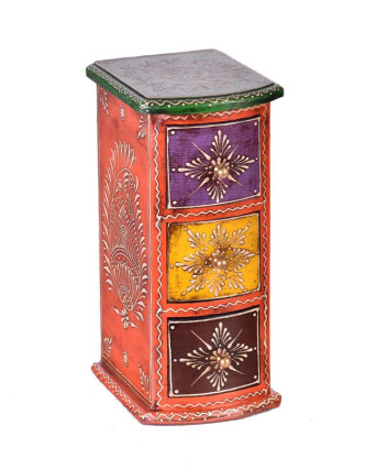 Dřevěná skříňka s 3 šuplíky, ručně malovaná, oranžová, 13x15x28cm