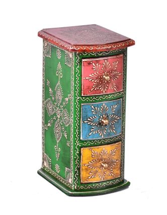 Dřevěná skříňka s 3 šuplíky, ručně malovaná, zelená, 13x15x28cm