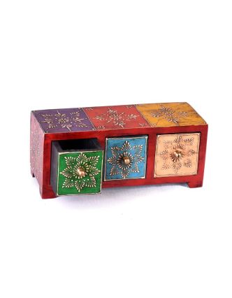 Dřevěná skříňka s 3 šuplíky, ručně malovaná, červená, 25x10x10cm