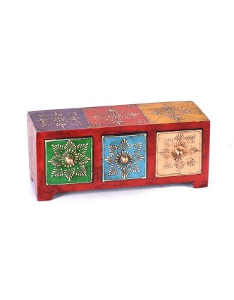 Dřevěná skříňka s 3 šuplíky, ručně malovaná, červená, 25x10x10cm