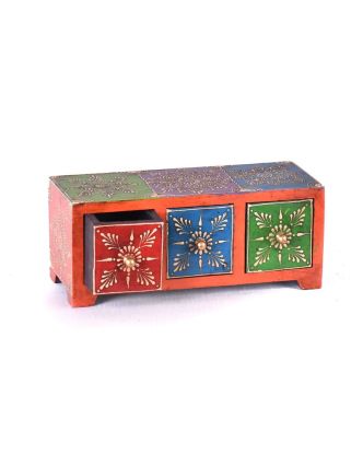 Dřevěná skříňka s 3 šuplíky, ručně malovaná, oranžová, 25x10x10cm