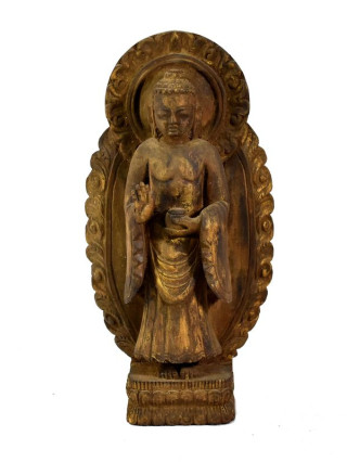 Buddha Maitreya, dřevěná socha, ruční práce, antik úprava, 34cm