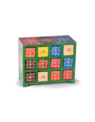 Dřevěná skříňka s 12 šuplíky, ručně malovaná, zelená, 25x14x21cm