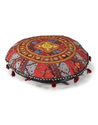 Meditační polštář, Rajasthan, kulatý, vyšívaná mandala, zrcátka, 70x20cm