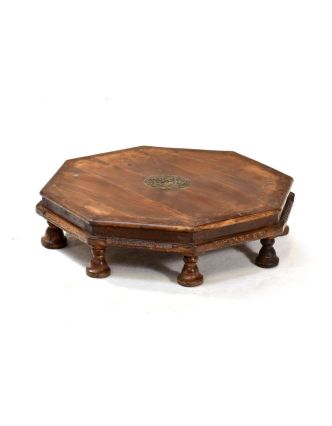Čajový stolek zdobený mosazným kováním, osmiboký, 70x70x18cm