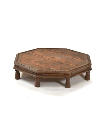 Čajový osmiboký stolek zdobený mosazným kováním, mangové dřevo, 72x72x17cm