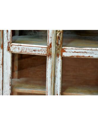 Prosklená skříň z antik teakového dřeva, tyrkysová patina