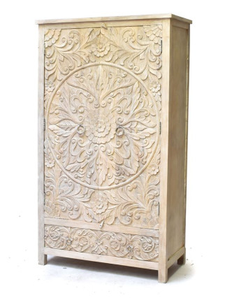 Vyřezávaná skříň bílá patina, mangové dřevo, ruční práce, 100x42x180cm