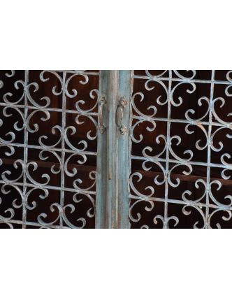 Skříň z antik teakového dřeva, železná mříž bez skla, tyrkysová, 97x42x126cm