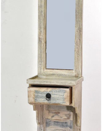 Zrcadlo v rámu na stojanu, šuplík, antik teak, bílá patina, 45x35x185cm