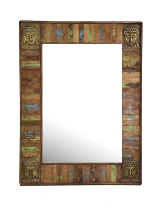 Zrcadlo v rámu, antik teak, kování hlavy Buddhy, 90x120x5cm