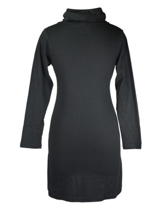 Krátké černé šaty s dlouhým rukávem a límcem, potisk Thistle design