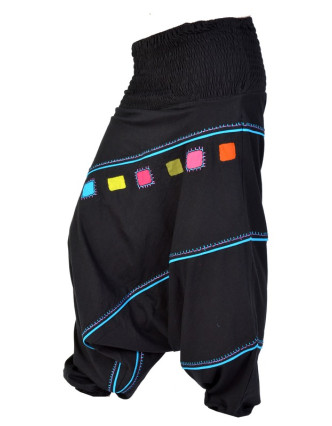Turecké kalhoty, dlouhé, černo-modré, čtvercový design, žabičkování