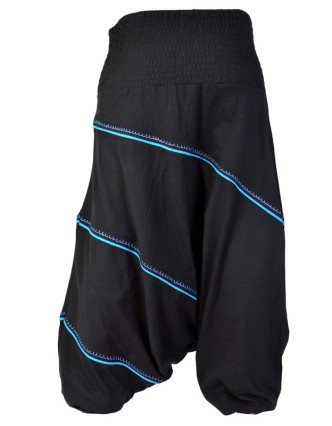 Turecké kalhoty, dlouhé, černo-modré, čtvercový design, žabičkování