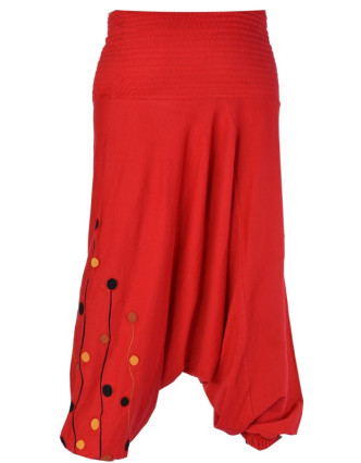 Turecké kalhoty, dlouhé, červené, kruhový design, žabičkování