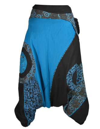 Dlouhé turecké kalhoty, černo-tyrkysové, Steampunk design, opasek s kapsou, zip