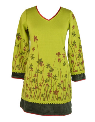 Krátké zateplené šaty s dlouhým rukávem, zelené s vínovým tiskem listů