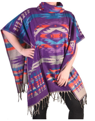 Krátké vzorované pončo s límcem, vzor aztec, barva fialová