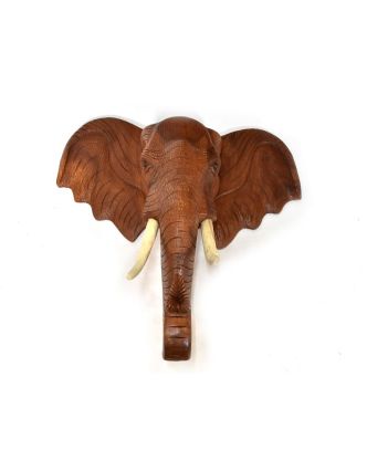 Hlava slona z masivního dřeva, dřevěné kly, 84x30x90cm