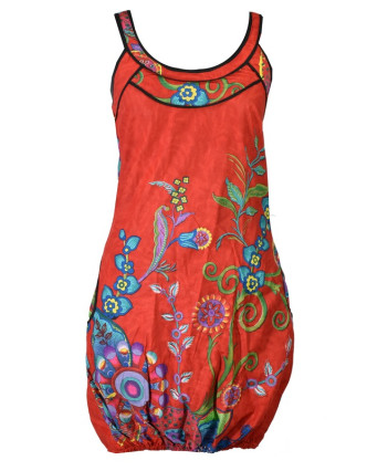 Červené balonové šaty bez rukávu "Flower design", kapsy