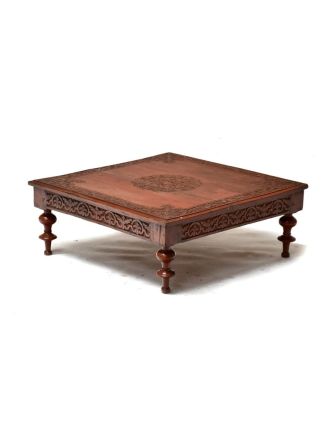Čajový stolek z teakového dřeva, antik, ručně vyřezávaný, 58x58x23cm