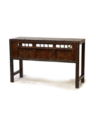 Odkládací stolek z antik teakového dřeva, železné kování, 123x44x78cm