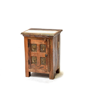 Noční stolek z antik teakového dřeva zdobený reliefy Buddhů, 46x35x60cm