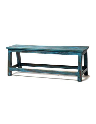 Stará lavička z teakového dřeva, tyrkysová patina, 116x30x42cm