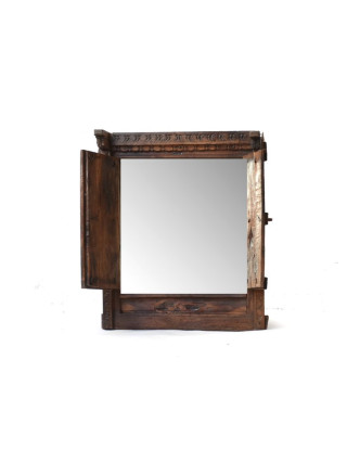 Okno se zrcadlem z teakového dřeva s okenicí, antik, 58x68x20cm