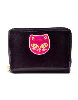 Peněženka design "Cat's head", ručně malovaná kůže, tmavě fialová, 15x10cm