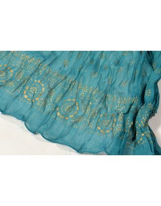 Šátek, modrý, mačkaná úprava, zlatý tisk, 110x170cm