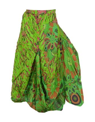 Dlouhá zelená balonová sukně s kapsami, kombinace tisků, zip