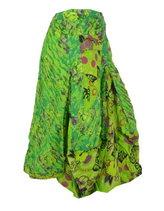 Dlouhá zelená balonová sukně s kapsami, kombinace tisků, zip