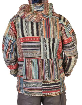 Unisex tibetská patchworková bunda s kapucí, zapínání na zip, kapsy, zelená