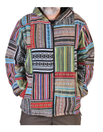 Unisex tibetská patchworková bunda s kapucí, zapínání na zip, kapsy, modro-zelen