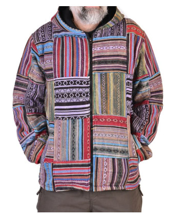 Unisex tibetská patchworková bunda s kapucí, zapínání na zip, kapsy, fialová