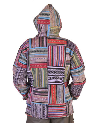 Unisex tibetská patchworková bunda s kapucí, zapínání na zip, kapsy, fialová