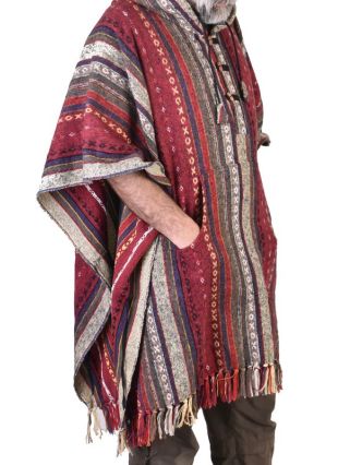 Tibetské pončo z česané bavlny, kapsy, kapuca, červená