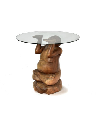 Stůl mnich z dřeva stromu Suar, 40x40x70cm, průměr skla 80cm