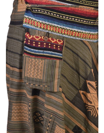 Khaki zelené thajské turecké kalhoty se vzorem, kapsa, bambulky