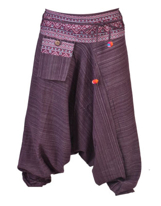 Fialové thajské turecké kalhoty s potiskem, kapsa, bambulky