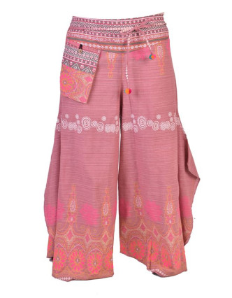 Růžové thajské zvonové kalhoty, ornamentální potisk, kapsa, bambulky