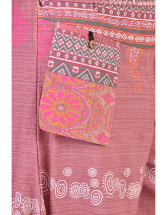Růžové thajské zvonové kalhoty, ornamentální potisk, kapsa, bambulky