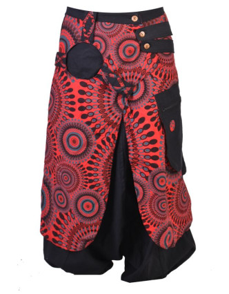 Černo červené turecké kalhoty se sukní, Mandala tisk, zip