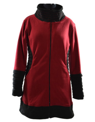 Červeno černý kabátek s ozdobnými sklady, stojací límec, zip a kapsy