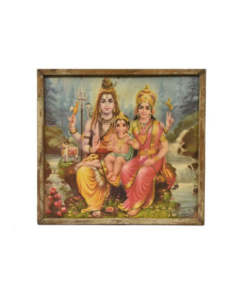 Antik obraz v dřevěném rámu, Šiva, Ganeš, Parvati, 40x38cm